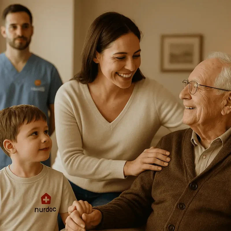 Tres generaciones celebrando el Día de la Madre: un abuelo sonriente acompañado por su hija y su nieto, con el apoyo de un profesional sanitario en casa