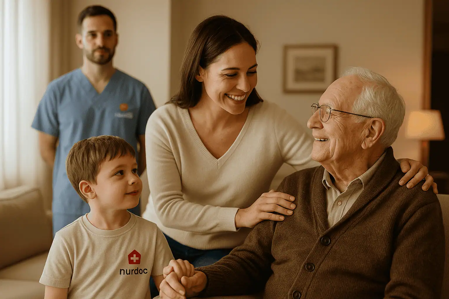 Tres generaciones celebrando el Día de la Madre: un abuelo sonriente acompañado por su hija y su nieto, con el apoyo de un profesional sanitario en casa