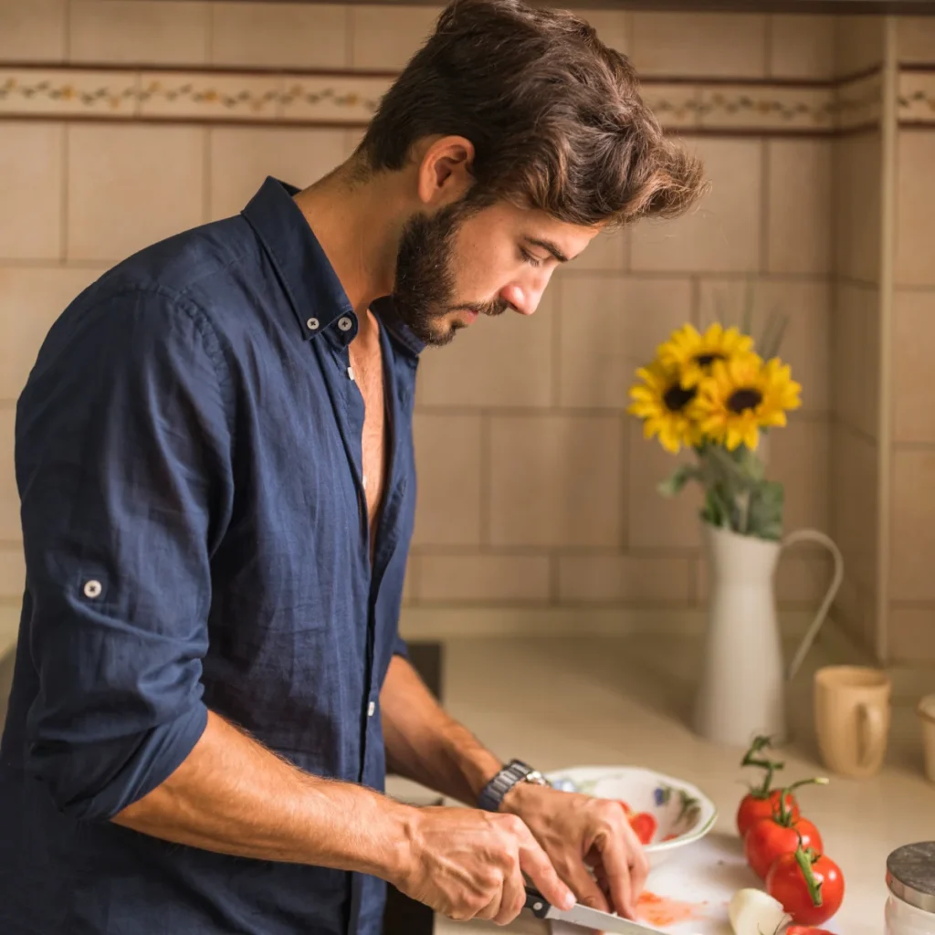 Hombre cocinando verduras en casa, simbolizando el bienestar digestivo tras una prueba de aliento SIBO.